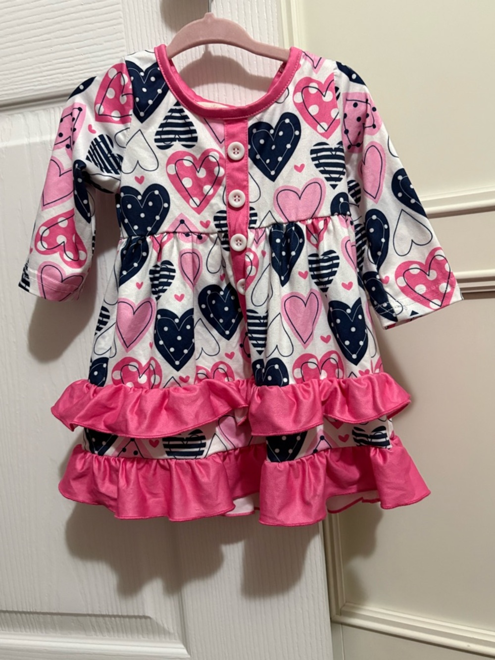 Marie Nicole Clothing Pink Trim Navy & White Heart Dress